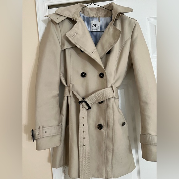 Zara khaki beige trench coat short with zipper hood US size Medium EUR M - Picture 5 of 11